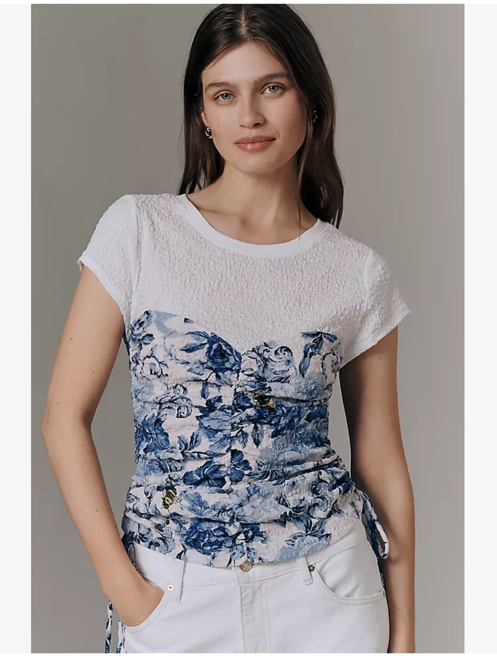 Anthropologie Maeve Ruched Corset T-Shirt blue and white size S NWT